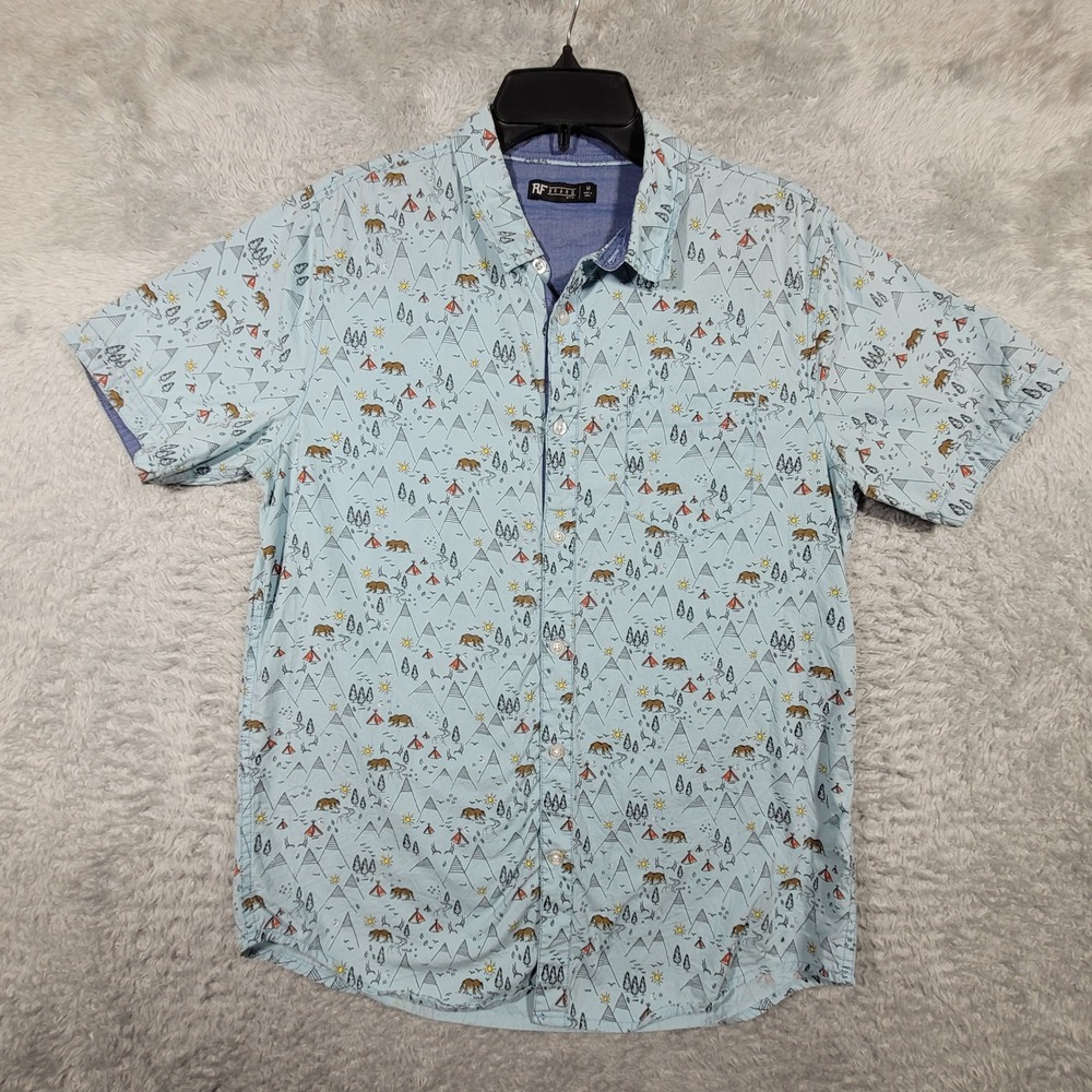 RF Brand Mens Medium Button Down Shirt Short Sleeve Mountain‎ Bear Print